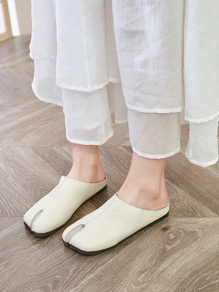 Careaymade-Handmade Genuine Leather Big Size Women's Slippers, Cowhide High-End Sense Niche Split Toe Flat Men's Slippers 35-45