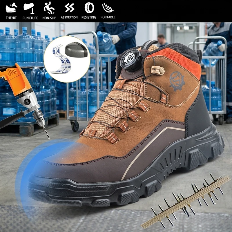 Lightweight Waterproof High Top Rotary Knob Safety Shoes Steel Toe Anti-smash Puncture Proof Work Boots For Construction Workers
