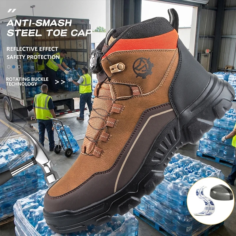 Lightweight Waterproof High Top Rotary Knob Safety Shoes Steel Toe Anti-smash Puncture Proof Work Boots For Construction Workers