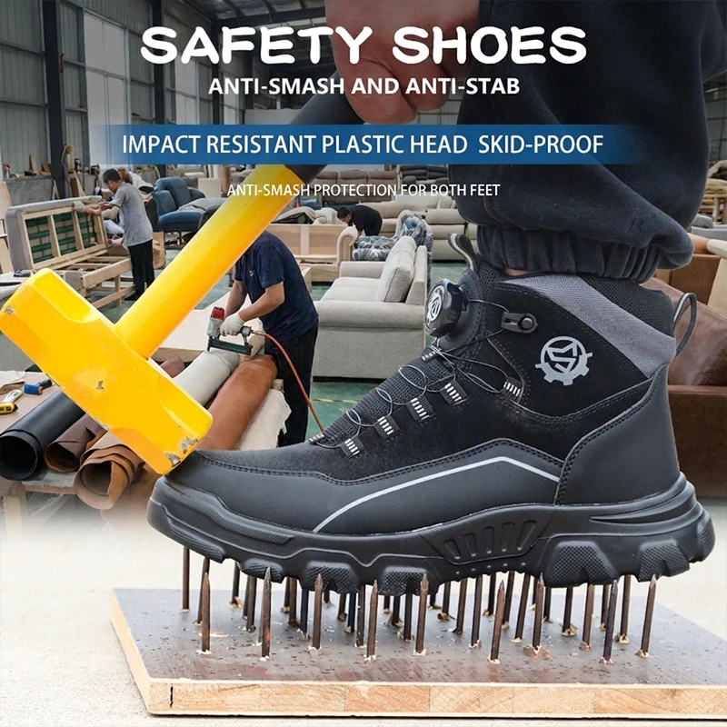 Lightweight Waterproof High Top Rotary Knob Safety Shoes Steel Toe Anti-smash Puncture Proof Work Boots For Construction Workers