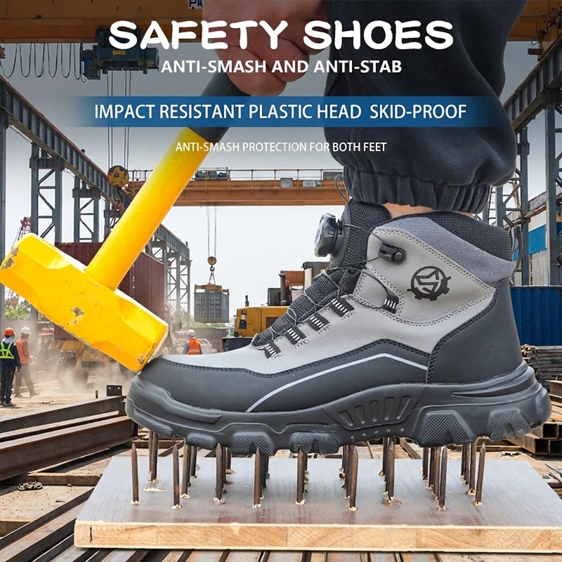Lightweight Waterproof High Top Rotary Knob Safety Shoes Steel Toe Anti-smash Puncture Proof Work Boots For Construction Workers