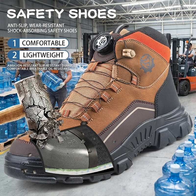 Lightweight Waterproof High Top Rotary Knob Safety Shoes Steel Toe Anti-smash Puncture Proof Work Boots For Construction Workers