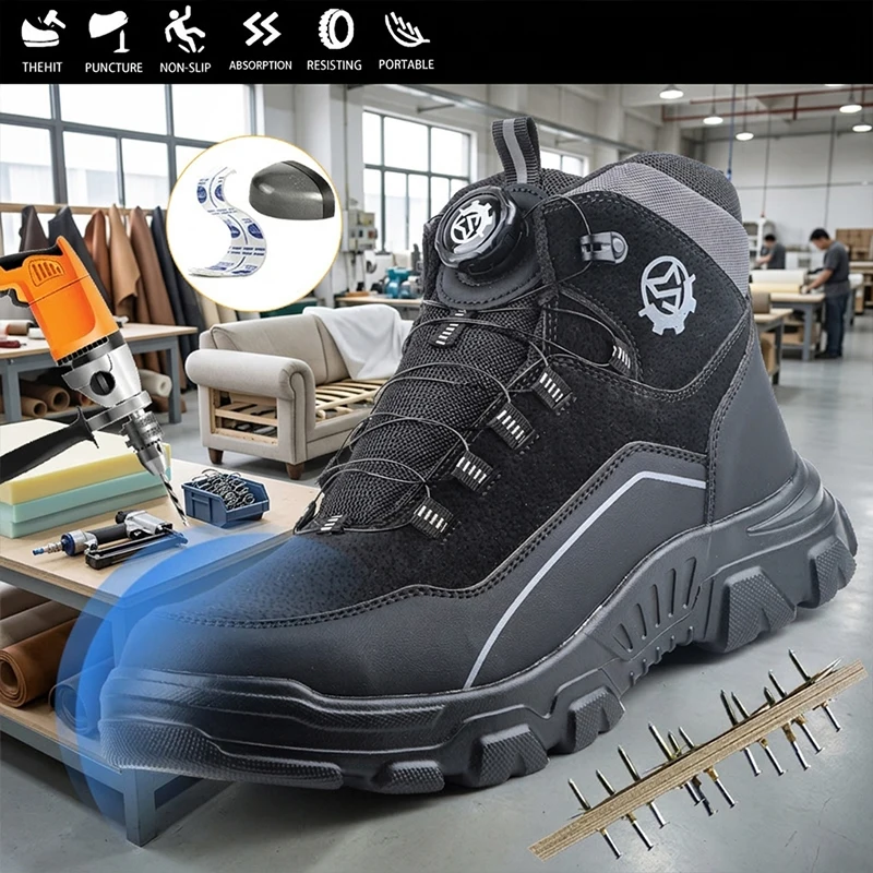 Lightweight Waterproof High Top Rotary Knob Safety Shoes Steel Toe Anti-smash Puncture Proof Work Boots For Construction Workers