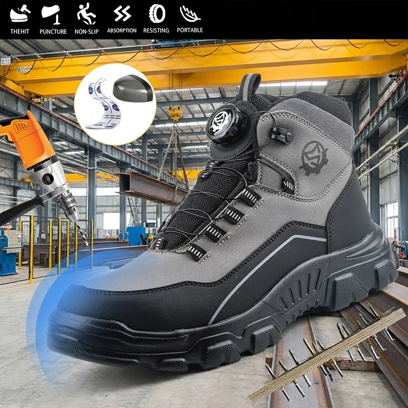 Lightweight Waterproof High Top Rotary Knob Safety Shoes Steel Toe Anti-smash Puncture Proof Work Boots For Construction Workers