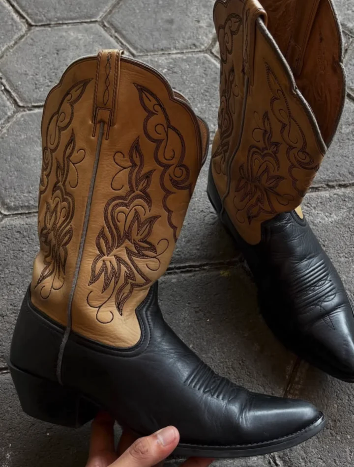 Color-blocked embroidered Cowboy boots women's pointy toe leather low heels pull on mid calf boot luxury designer causal dress