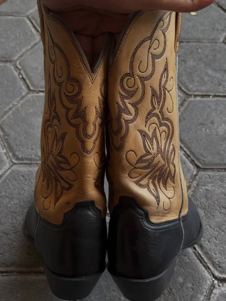 Color-blocked embroidered Cowboy boots women's pointy toe leather low heels pull on mid calf boot luxury designer causal dress