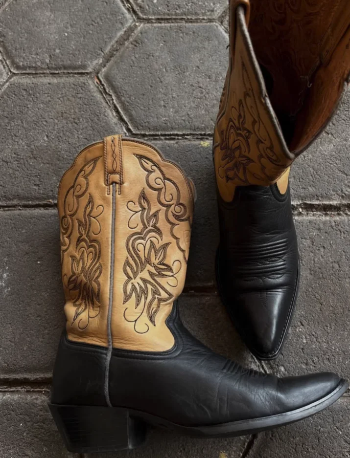 Color-blocked embroidered Cowboy boots women's pointy toe leather low heels pull on mid calf boot luxury designer causal dress