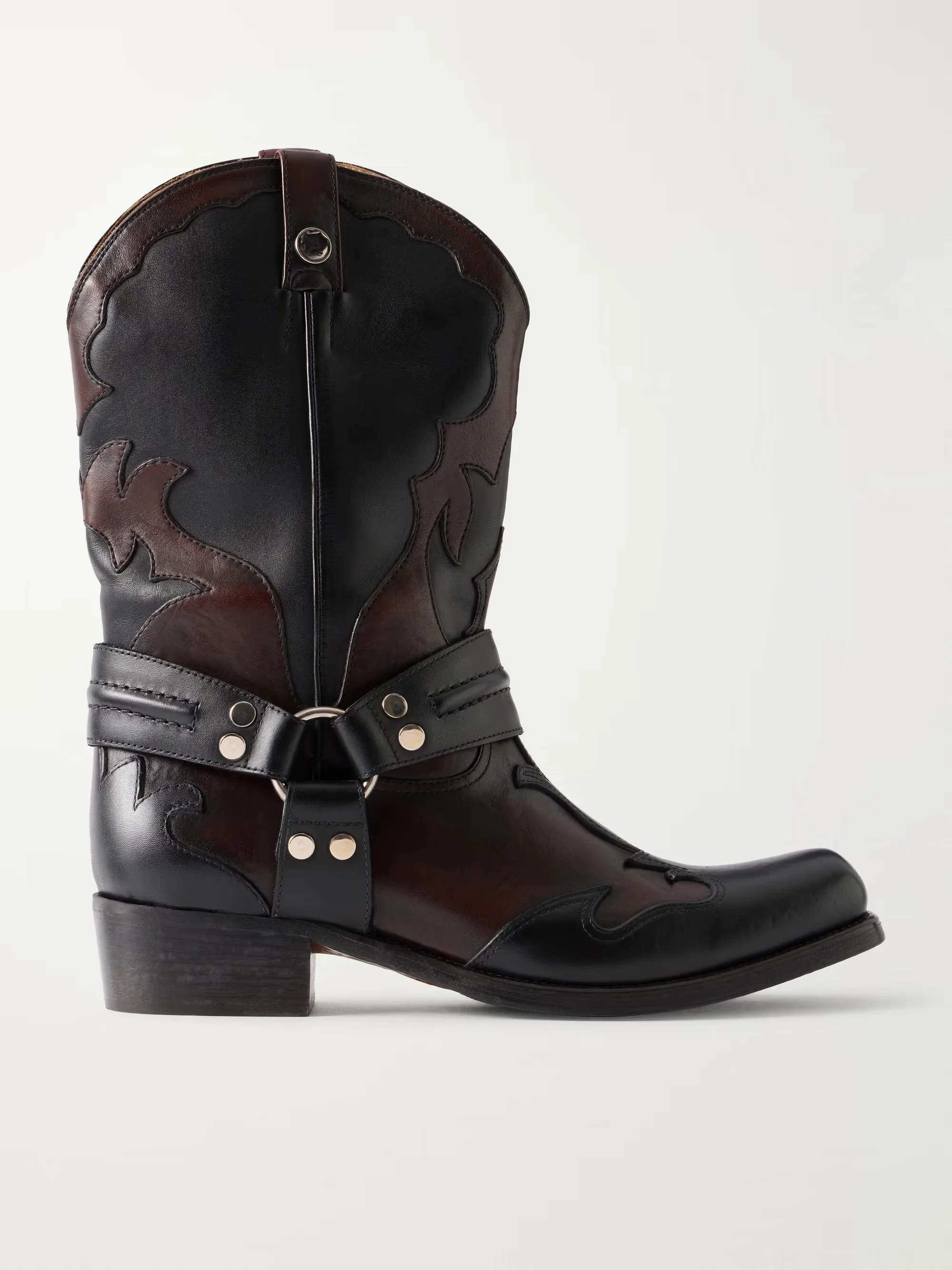 Color-blocked embroidered Cowboy boots women's pointy toe leather low heels pull on mid calf boot luxury designer causal dress