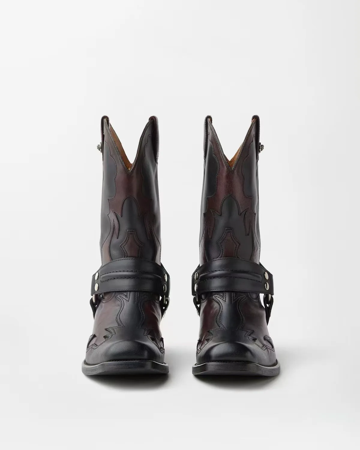 Color-blocked embroidered Cowboy boots women's pointy toe leather low heels pull on mid calf boot luxury designer causal dress