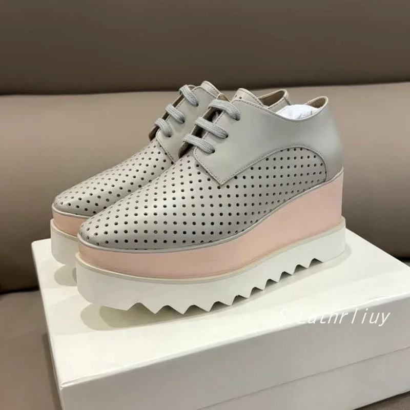 Wedges Thick Soled Shoes Women's Genuine Leather Breathable Lace Up Casual Shoes Spring/Summer Fashion Versatile Single Shoes