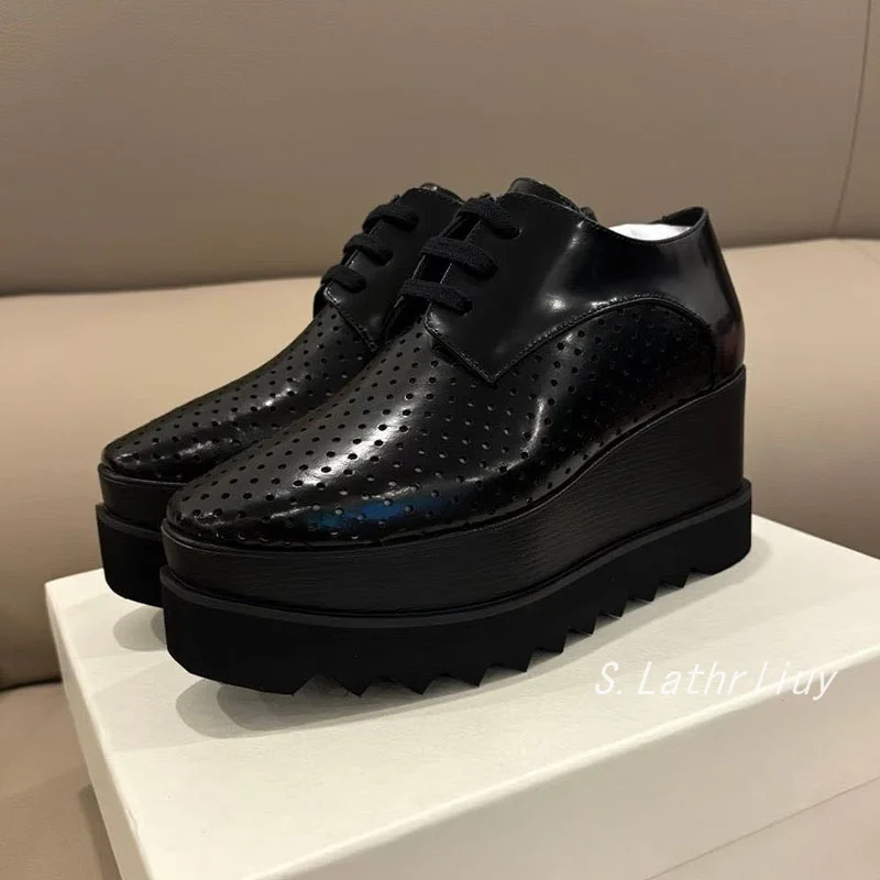 Wedges Thick Soled Shoes Women's Genuine Leather Breathable Lace Up Casual Shoes Spring/Summer Fashion Versatile Single Shoes