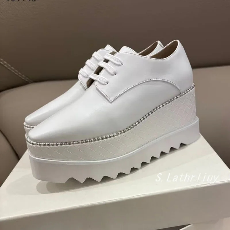 Wedges Thick Soled Shoes Women's Genuine Leather Breathable Lace Up Casual Shoes Spring/Summer Fashion Versatile Single Shoes