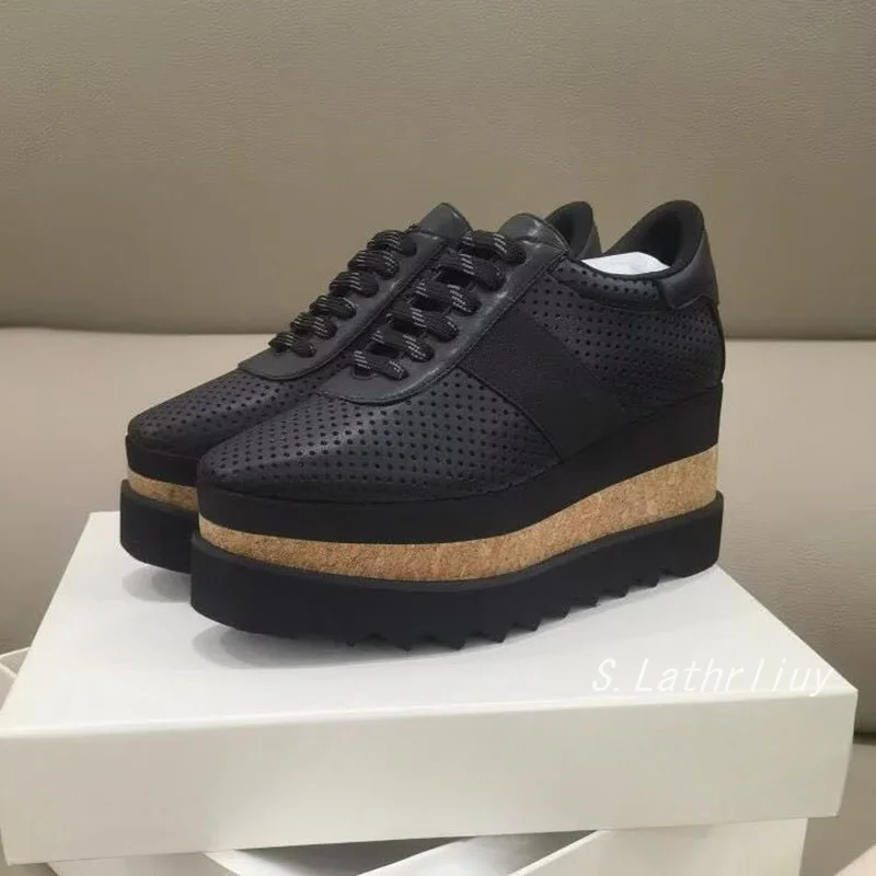 Wedges Thick Soled Shoes Women's Genuine Leather Breathable Lace Up Casual Shoes Spring/Summer Fashion Versatile Single Shoes