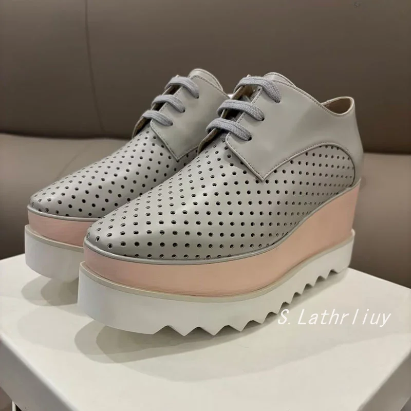 Wedges Thick Soled Shoes Women's Genuine Leather Breathable Lace Up Casual Shoes Spring/Summer Fashion Versatile Single Shoes