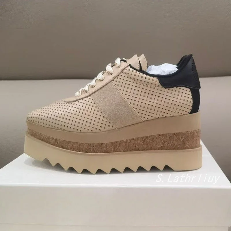Wedges Thick Soled Shoes Women's Genuine Leather Breathable Lace Up Casual Shoes Spring/Summer Fashion Versatile Single Shoes