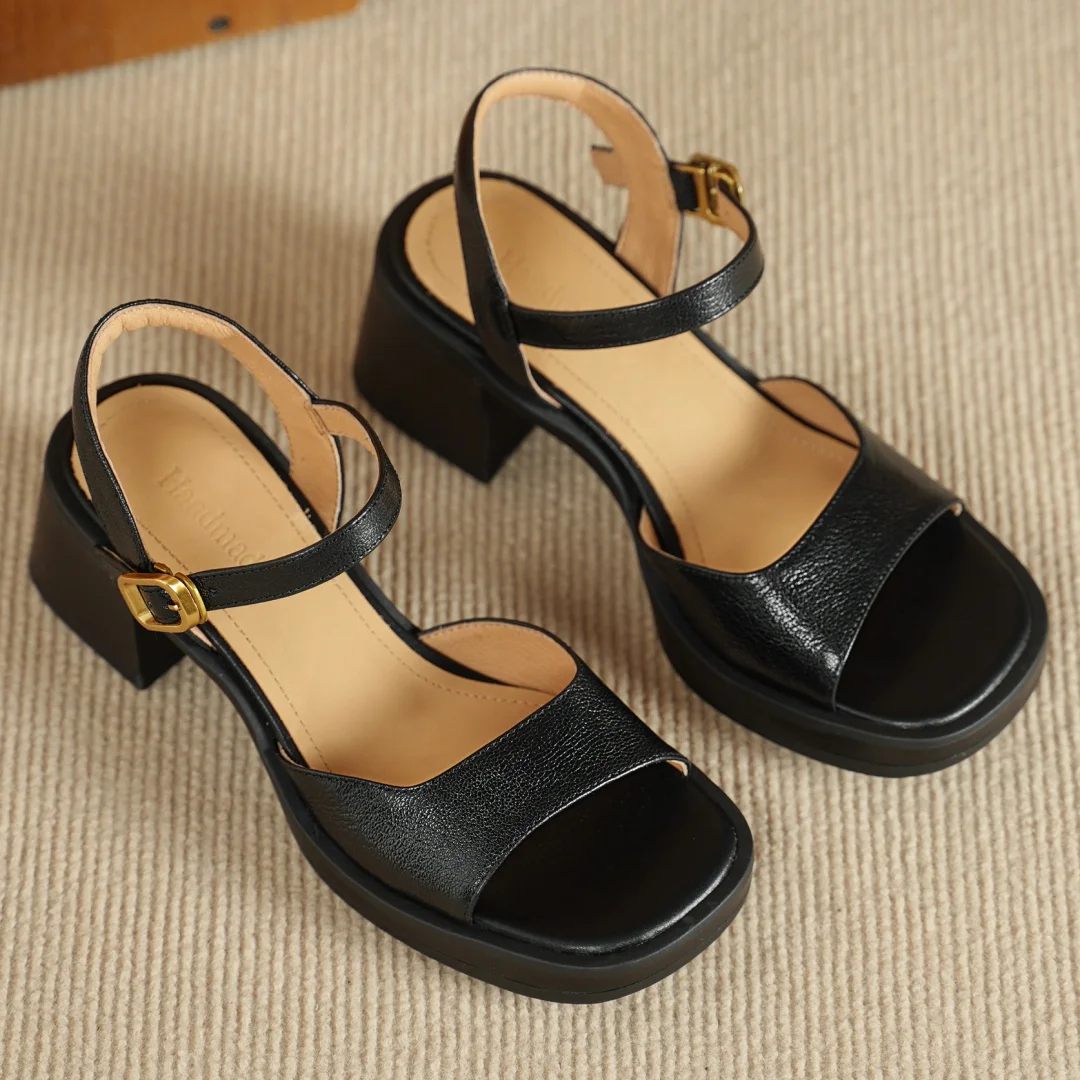 Women's genuine leather ankle strap open toe sandals 6cm chunky heel platform female summer pumps heeled OL style daily shoes