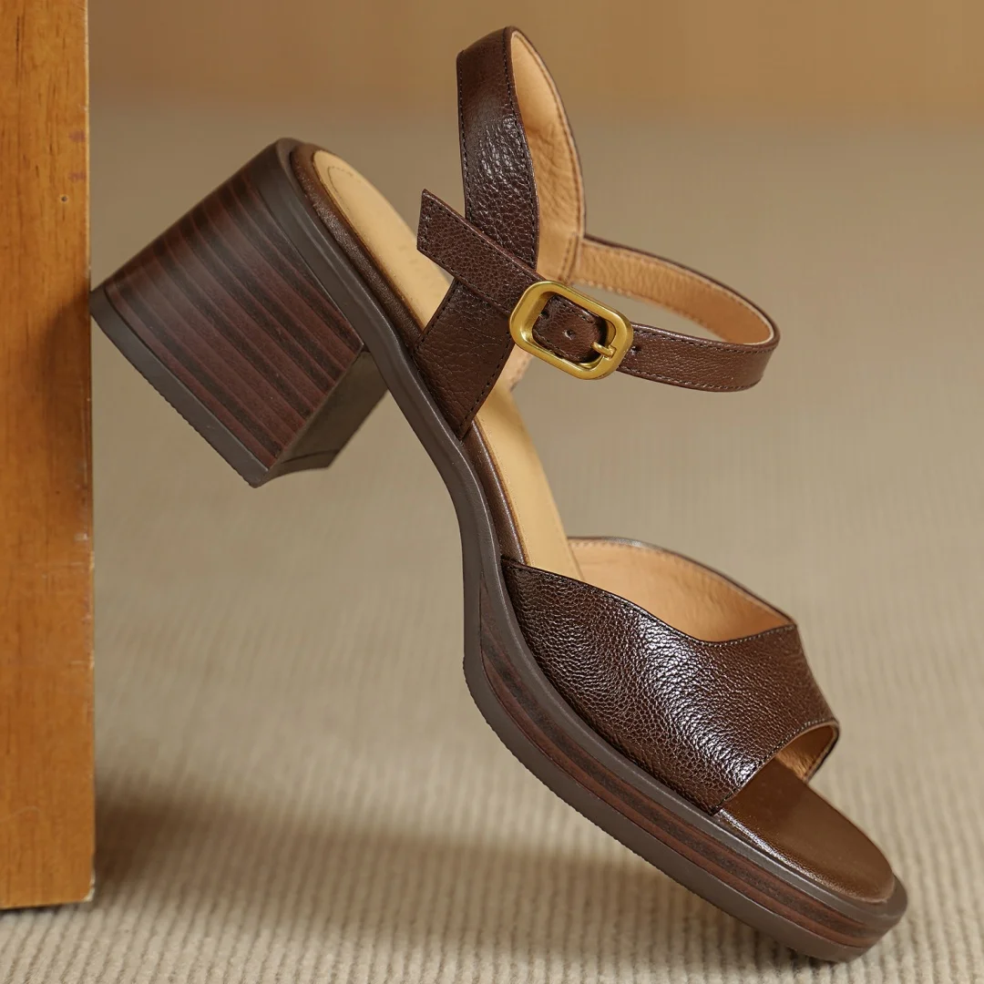 Women's genuine leather ankle strap open toe sandals 6cm chunky heel platform female summer pumps heeled OL style daily shoes
