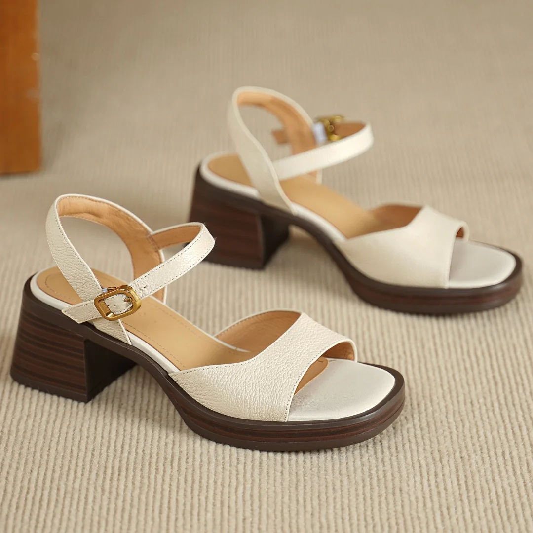 Women's genuine leather ankle strap open toe sandals 6cm chunky heel platform female summer pumps heeled OL style daily shoes