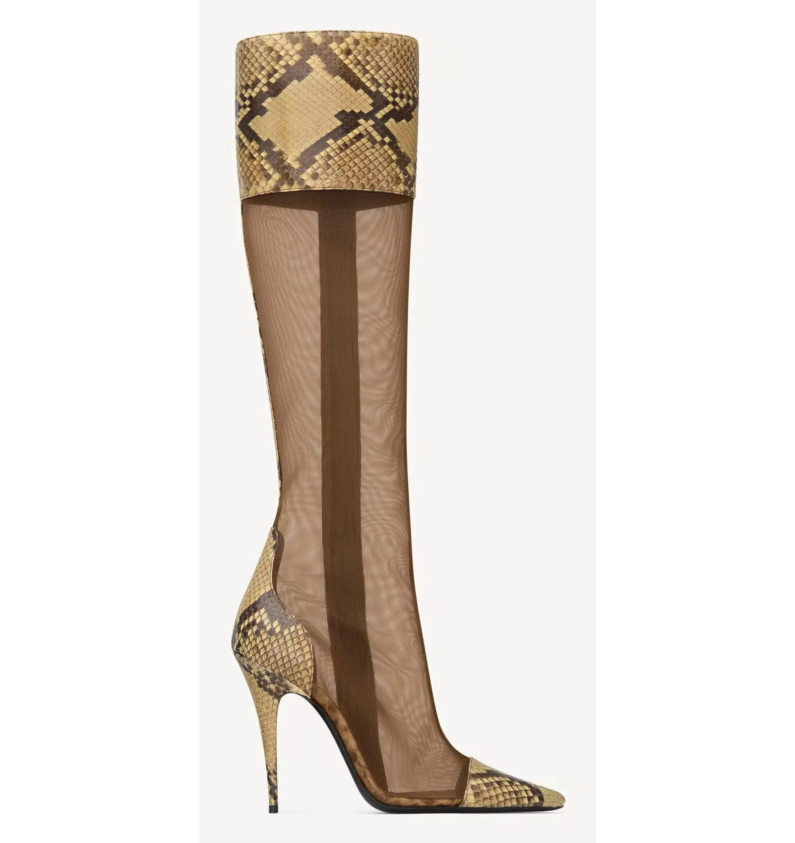 2026 New in Summer Snake-Print Breathable Mesh Boots sexy Pointy Toe High Heels Leather Women's Knee High Boot Designer Shoes