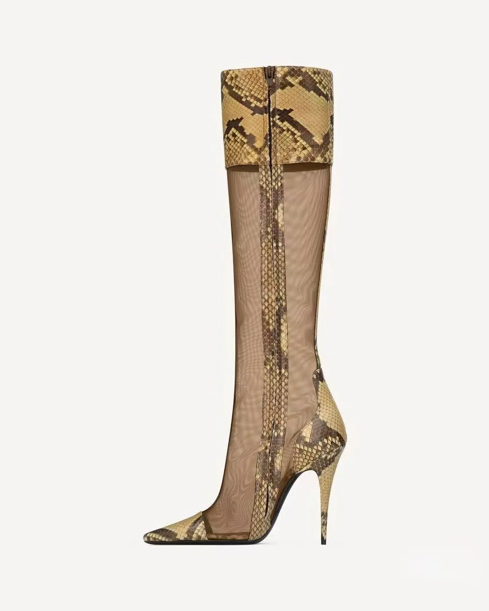 2026 New in Summer Snake-Print Breathable Mesh Boots sexy Pointy Toe High Heels Leather Women's Knee High Boot Designer Shoes