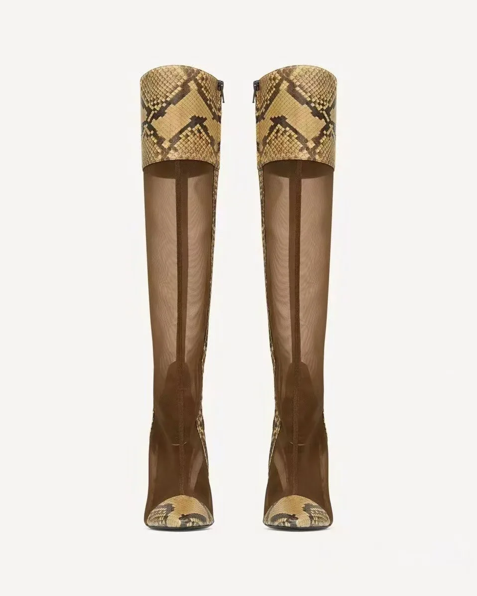 2026 New in Summer Snake-Print Breathable Mesh Boots sexy Pointy Toe High Heels Leather Women's Knee High Boot Designer Shoes