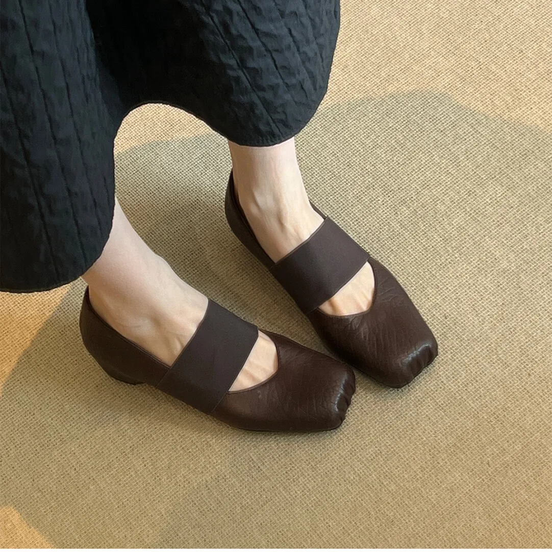 Luxury Shoes Women2026 New Leather Square Toe Elastic Band Mary Jane Women's Shallow Toe Flat Single Shoe Shoes for Women