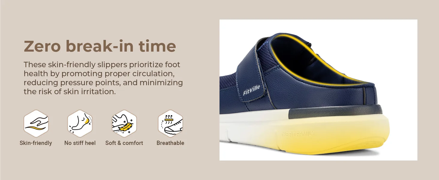 FitVille Wide Slippers For Men Slip-On Mules Clogs For Swollen Feet Adjustable Strap Indoors Lightweight Walking Shoes