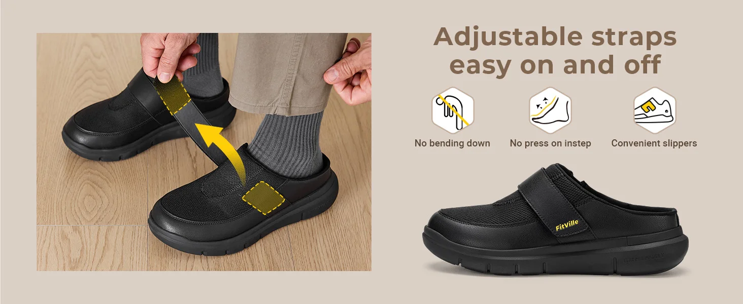 FitVille Wide Slippers For Men Slip-On Mules Clogs For Swollen Feet Adjustable Strap Indoors Lightweight Walking Shoes