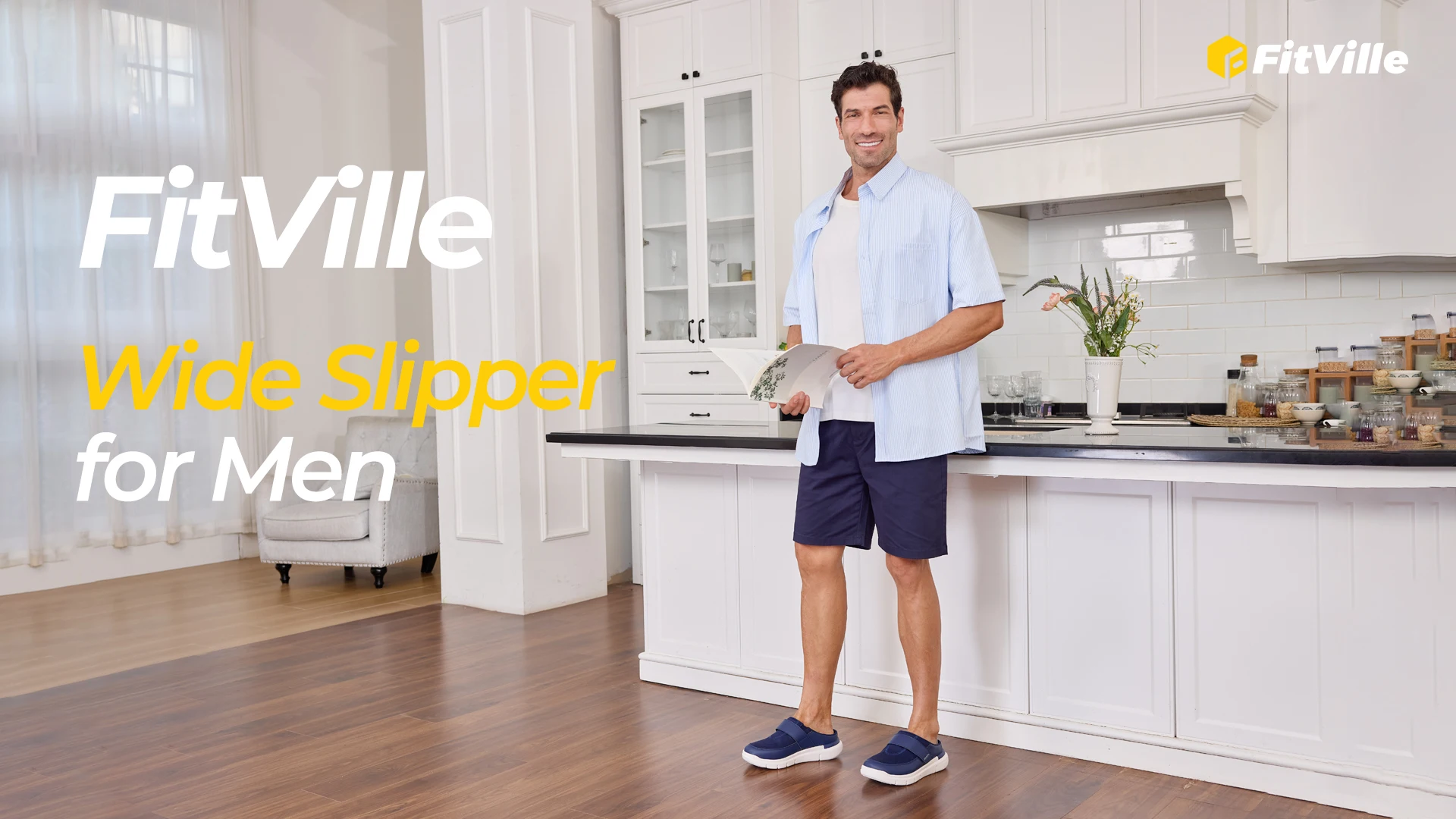 FitVille Wide Slippers For Men Slip-On Mules Clogs For Swollen Feet Adjustable Strap Indoors Lightweight Walking Shoes