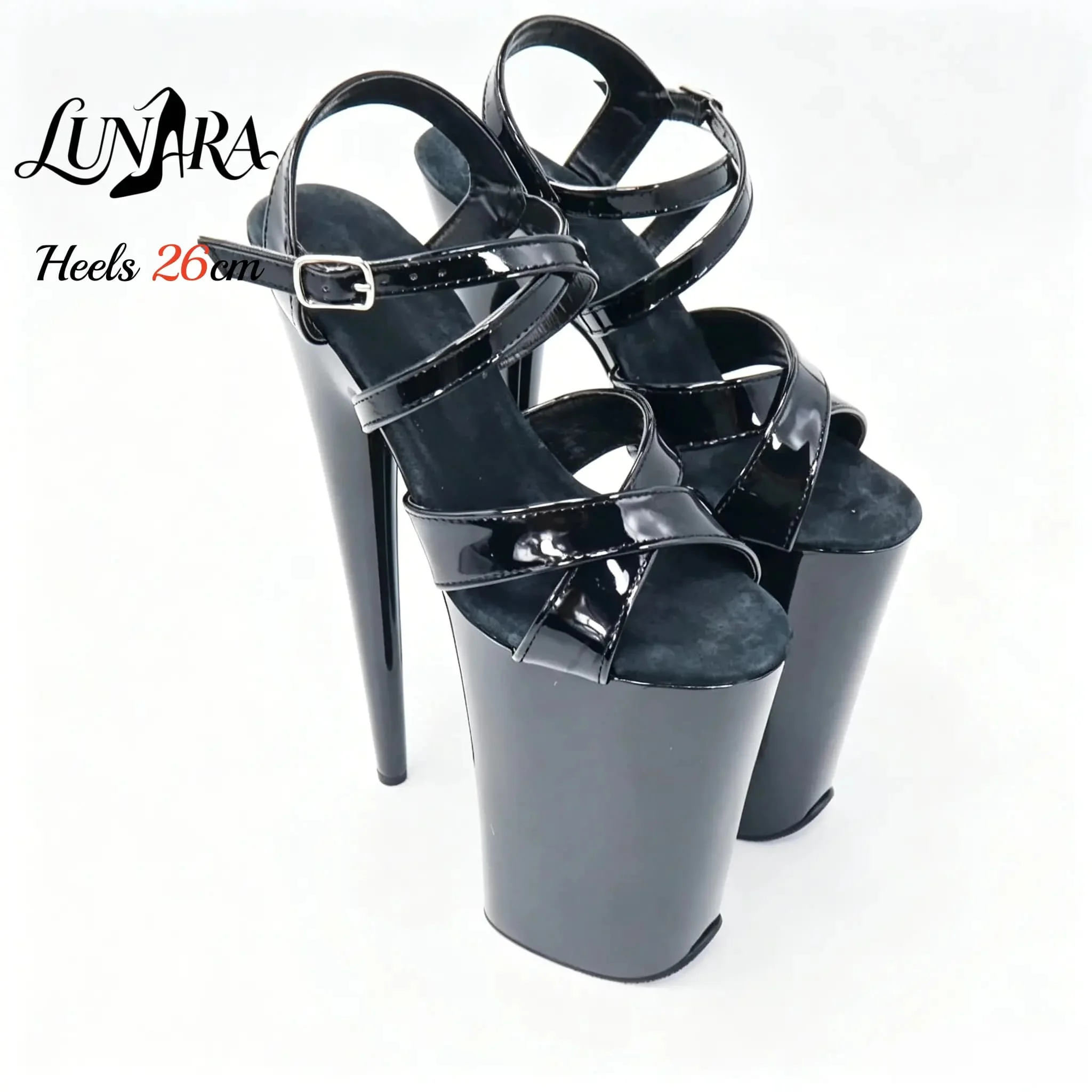 Womens 26cm/10Inch Black Patent Strappy Buckle Open Toe Platform Extreme Stiletto Sandal Stripper Shoe Pole Dance Club Rave