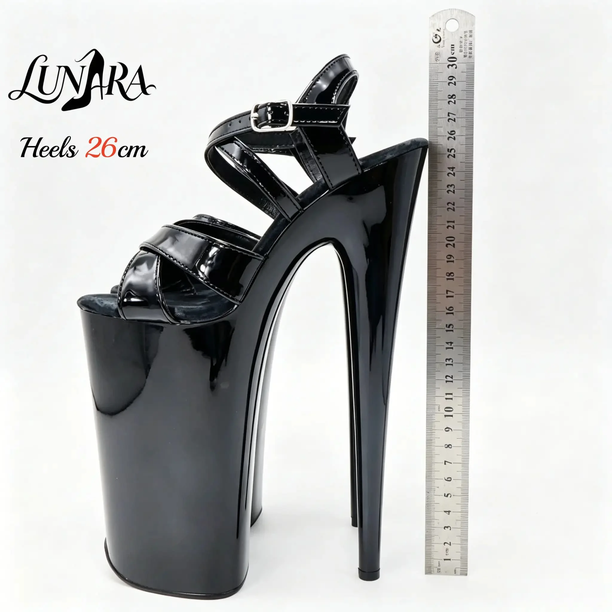 Womens 26cm/10Inch Black Patent Strappy Buckle Open Toe Platform Extreme Stiletto Sandal Stripper Shoe Pole Dance Club Rave
