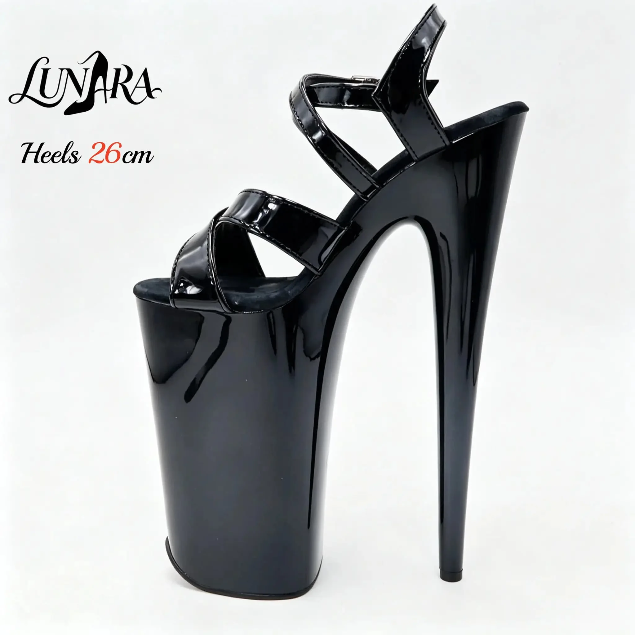 Womens 26cm/10Inch Black Patent Strappy Buckle Open Toe Platform Extreme Stiletto Sandal Stripper Shoe Pole Dance Club Rave