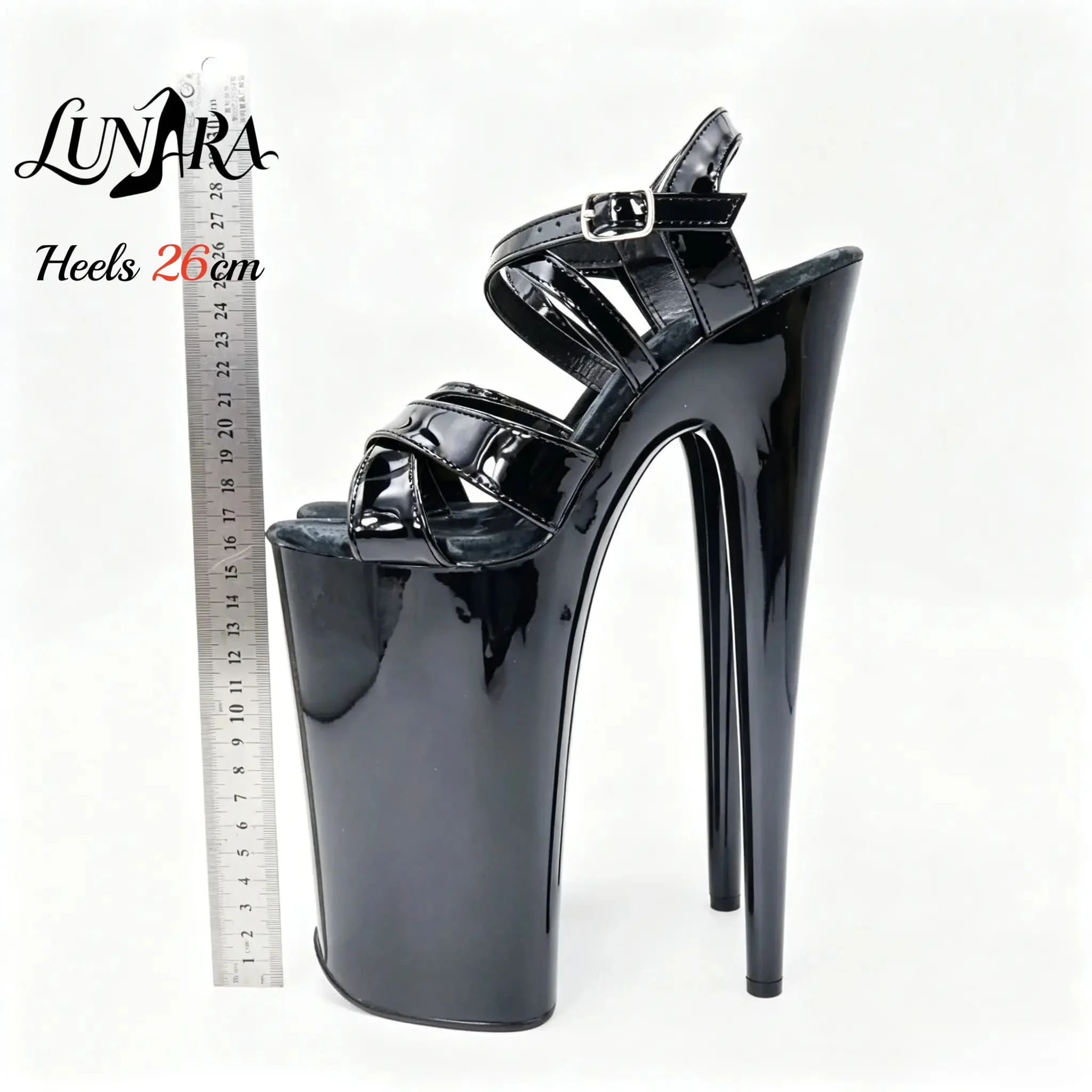 Womens 26cm/10Inch Black Patent Strappy Buckle Open Toe Platform Extreme Stiletto Sandal Stripper Shoe Pole Dance Club Rave