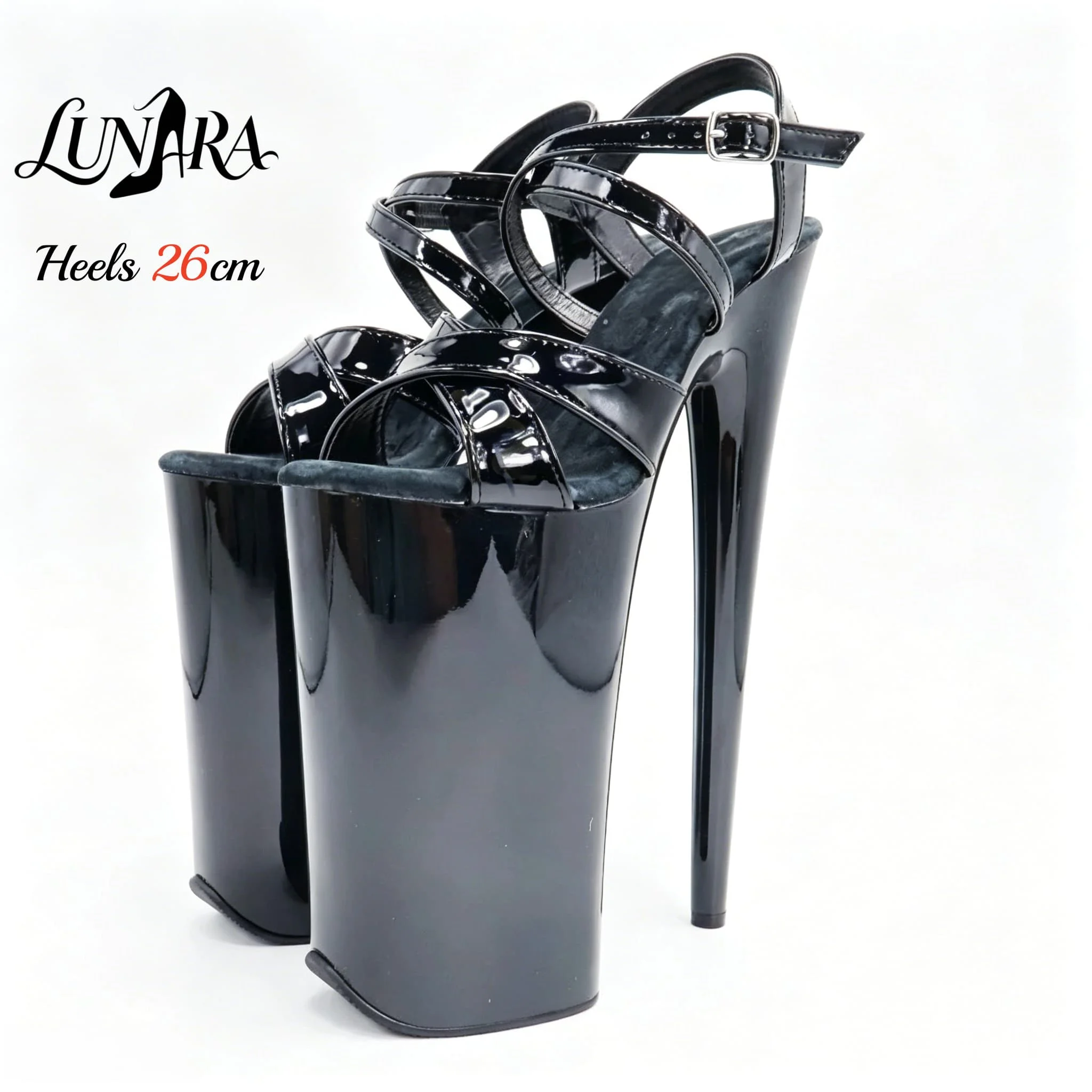 Womens 26cm/10Inch Black Patent Strappy Buckle Open Toe Platform Extreme Stiletto Sandal Stripper Shoe Pole Dance Club Rave