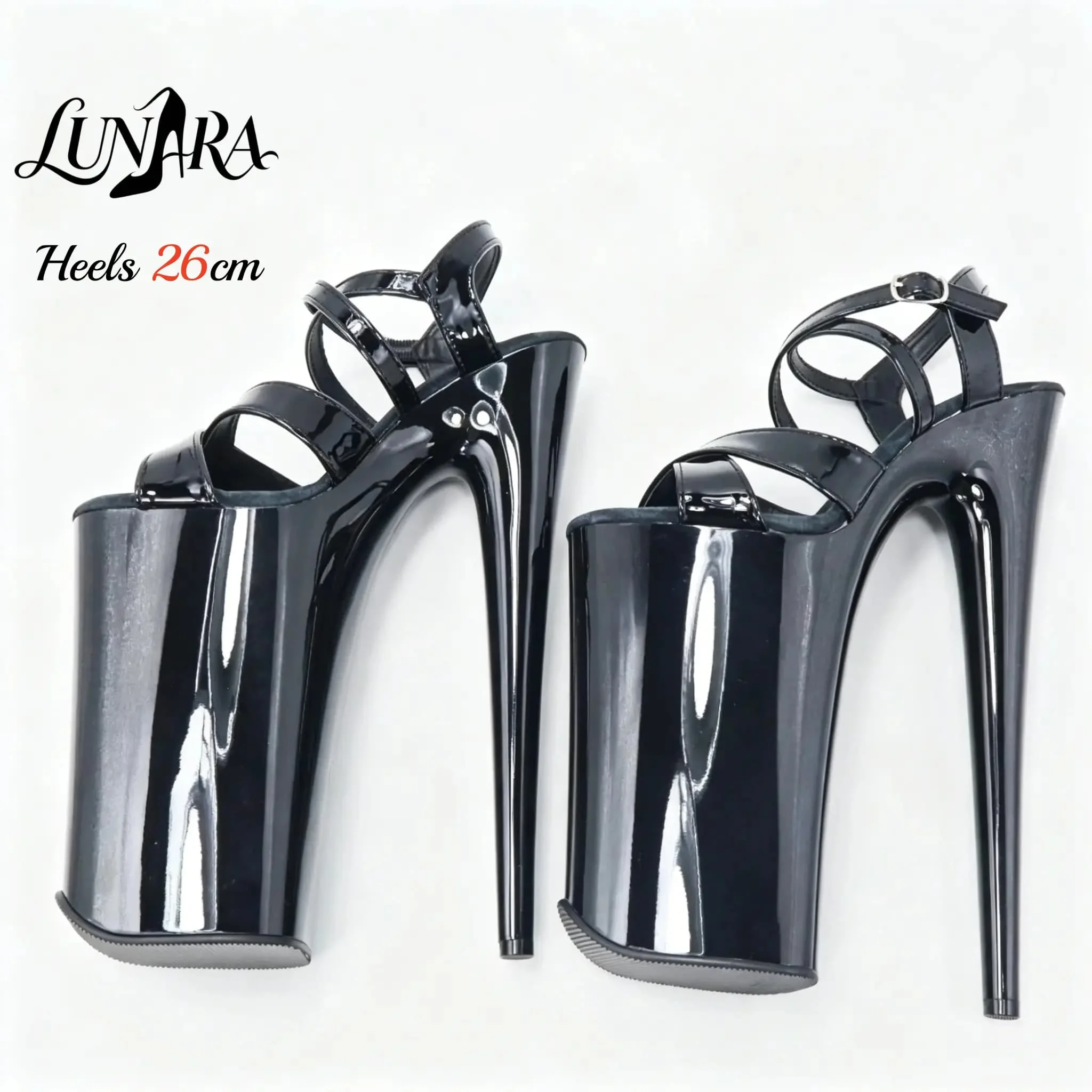 Womens 26cm/10Inch Black Patent Strappy Buckle Open Toe Platform Extreme Stiletto Sandal Stripper Shoe Pole Dance Club Rave