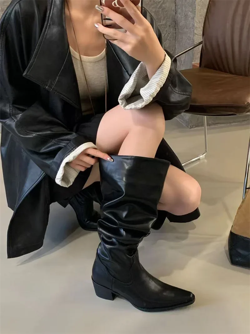 Knee High Riding Long Boots for Woman 2027 New Knight Boots Leather Pointed Toe Female Comfort Casual Boots Botas Zapatos