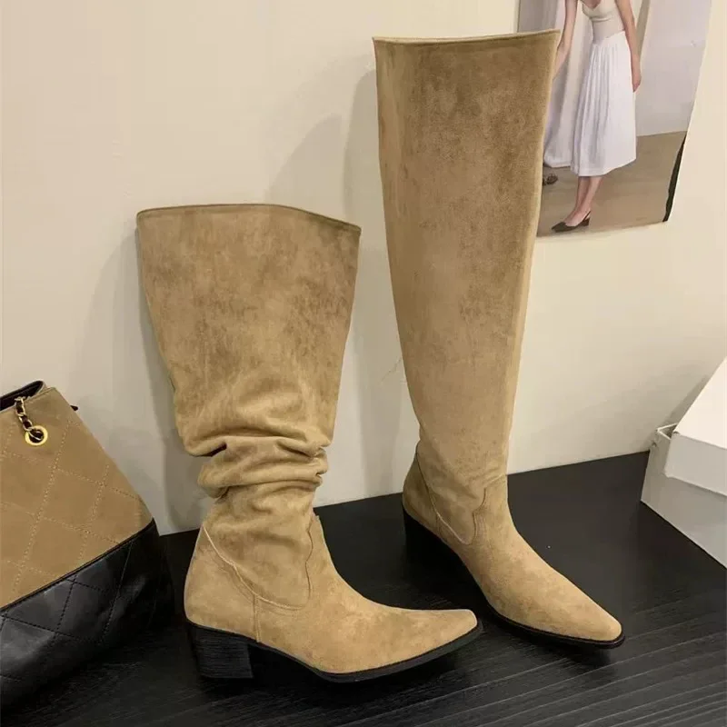 Knee High Riding Long Boots for Woman 2027 New Knight Boots Leather Pointed Toe Female Comfort Casual Boots Botas Zapatos