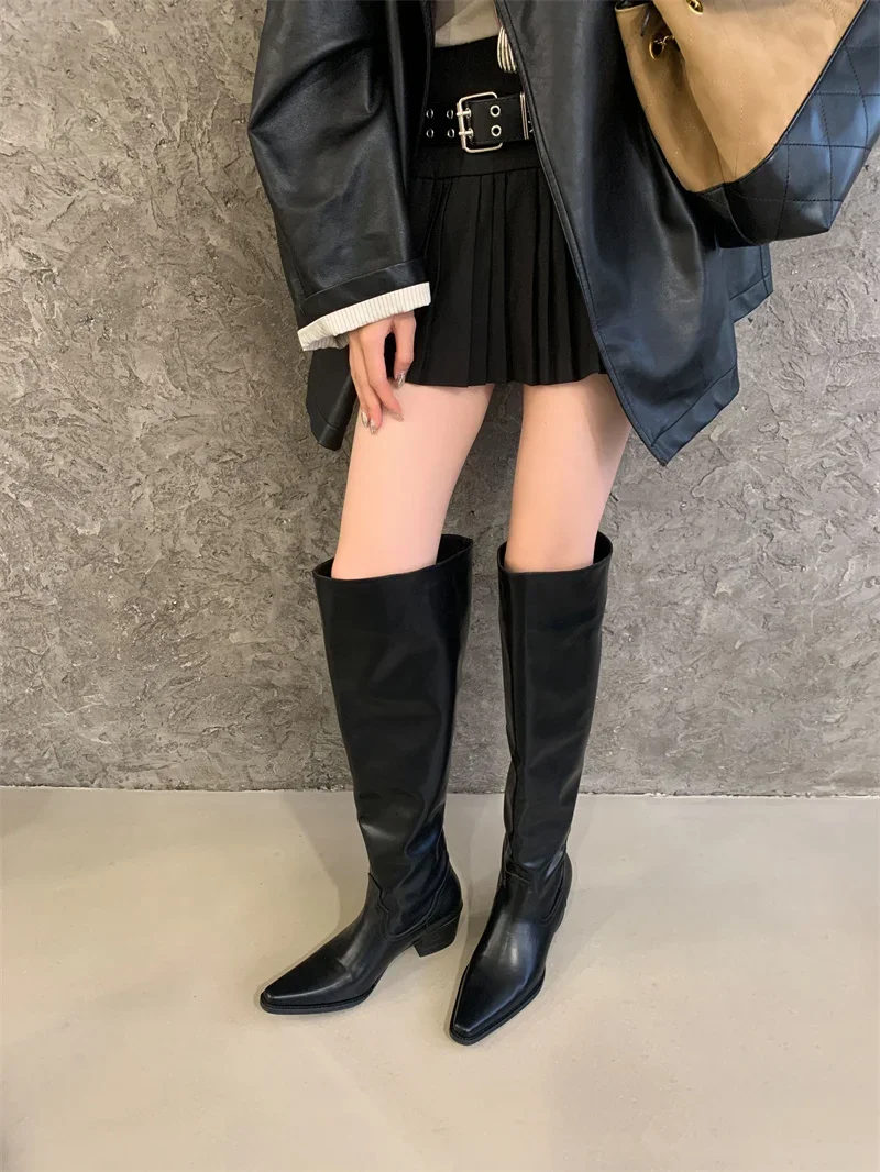 Knee High Riding Long Boots for Woman 2027 New Knight Boots Leather Pointed Toe Female Comfort Casual Boots Botas Zapatos