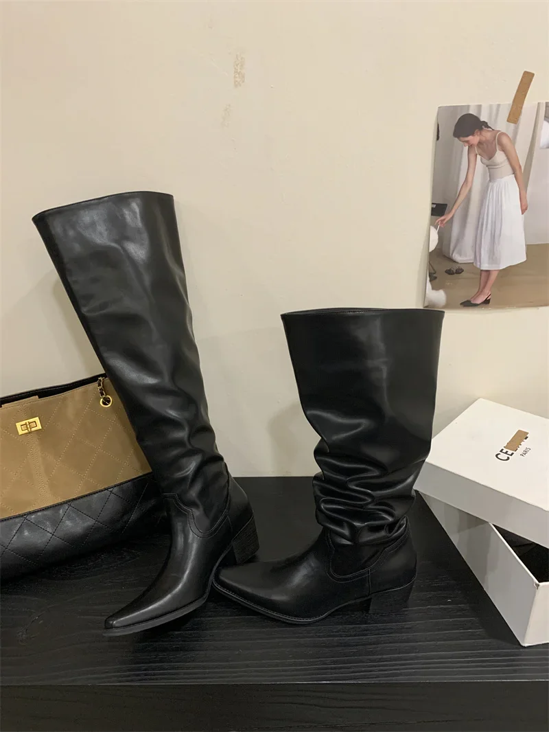 Knee High Riding Long Boots for Woman 2027 New Knight Boots Leather Pointed Toe Female Comfort Casual Boots Botas Zapatos