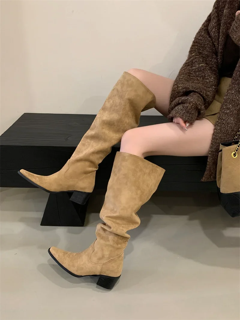 Knee High Riding Long Boots for Woman 2027 New Knight Boots Leather Pointed Toe Female Comfort Casual Boots Botas Zapatos