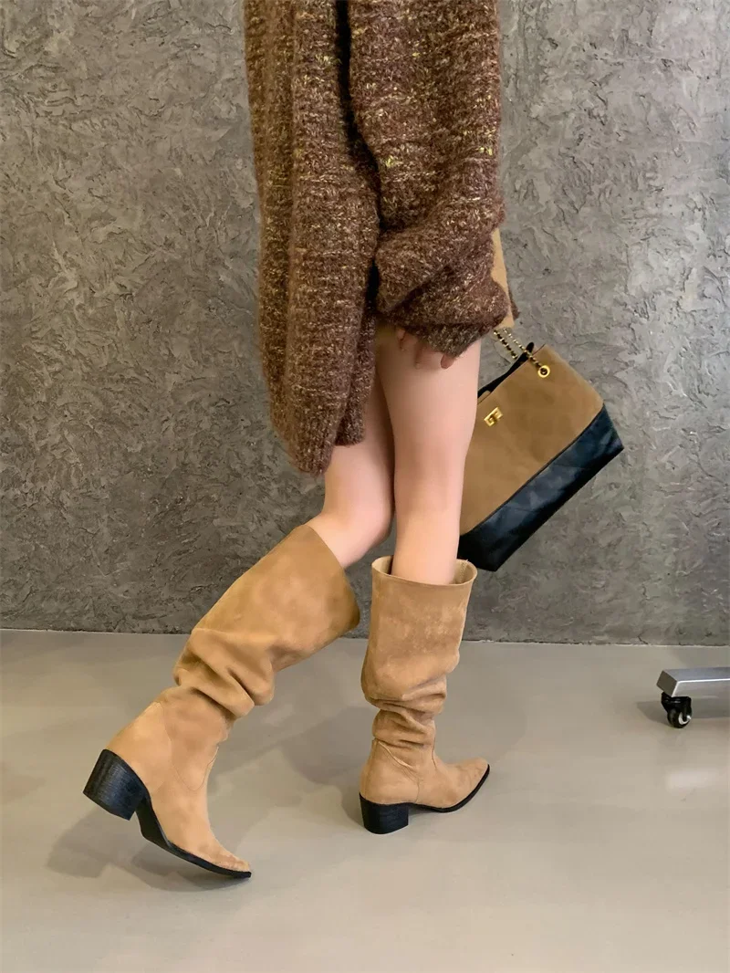 Knee High Riding Long Boots for Woman 2027 New Knight Boots Leather Pointed Toe Female Comfort Casual Boots Botas Zapatos