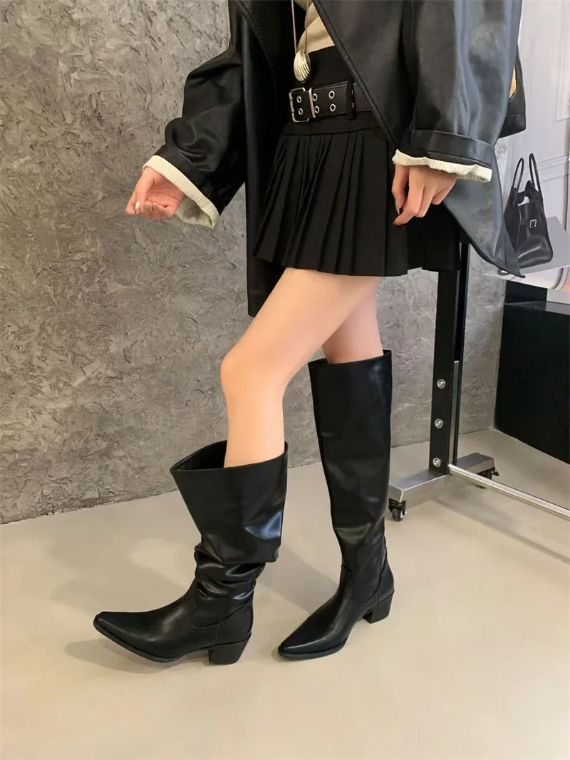 Knee High Riding Long Boots for Woman 2027 New Knight Boots Leather Pointed Toe Female Comfort Casual Boots Botas Zapatos