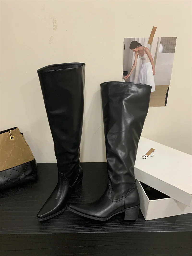 Knee High Riding Long Boots for Woman 2027 New Knight Boots Leather Pointed Toe Female Comfort Casual Boots Botas Zapatos