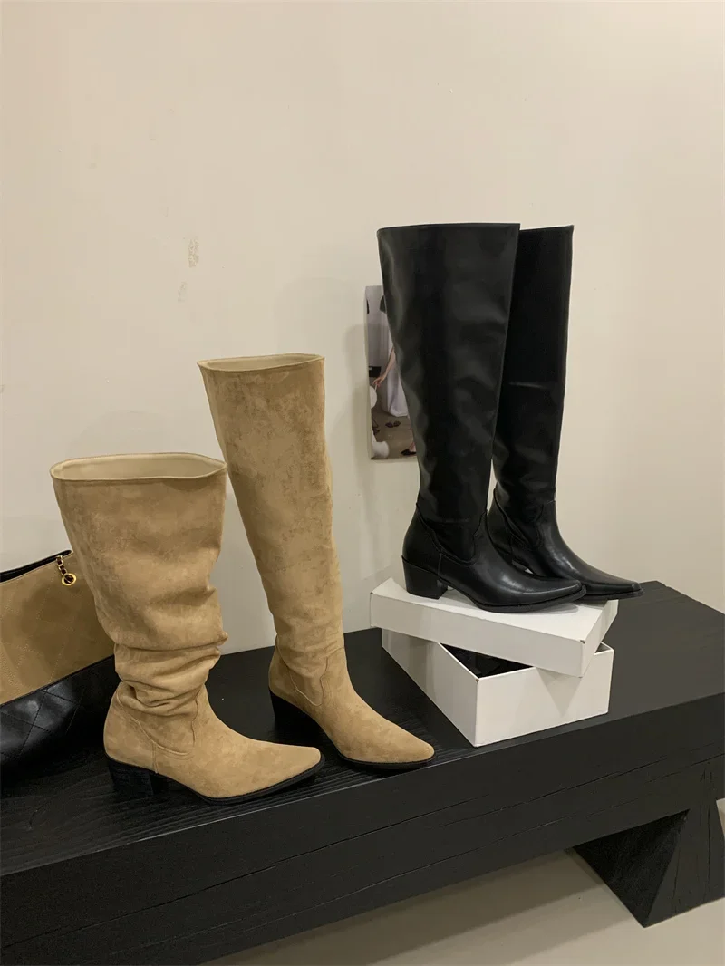 Knee High Riding Long Boots for Woman 2027 New Knight Boots Leather Pointed Toe Female Comfort Casual Boots Botas Zapatos
