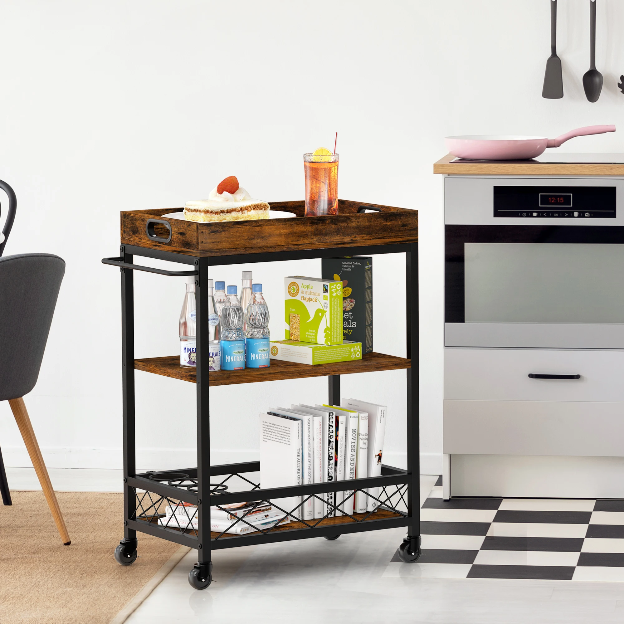 3 Tier Rolling Kitchen Cart Serving Trolley with Wine Rack Glasses Holder Portable Trays Industrial Style Storage Organizer