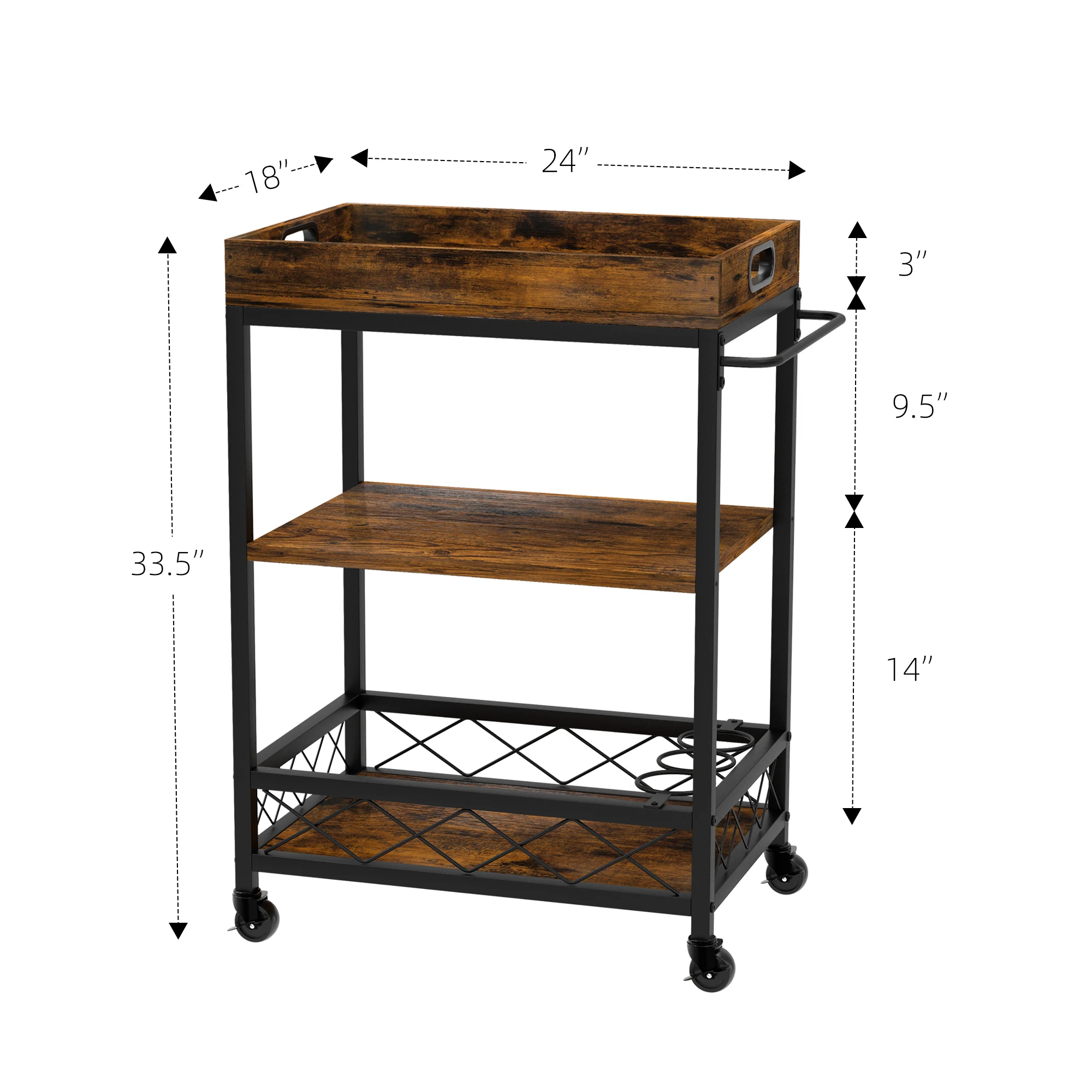 3 Tier Rolling Kitchen Cart Serving Trolley with Wine Rack Glasses Holder Portable Trays Industrial Style Storage Organizer
