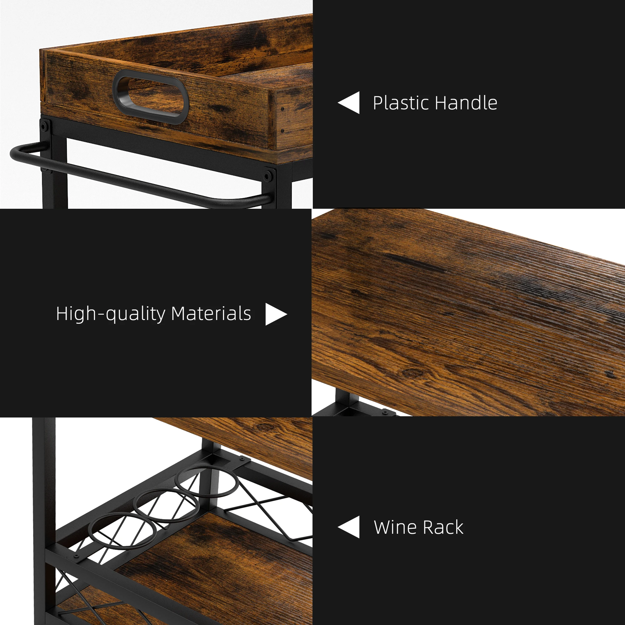 3 Tier Rolling Kitchen Cart Serving Trolley with Wine Rack Glasses Holder Portable Trays Industrial Style Storage Organizer
