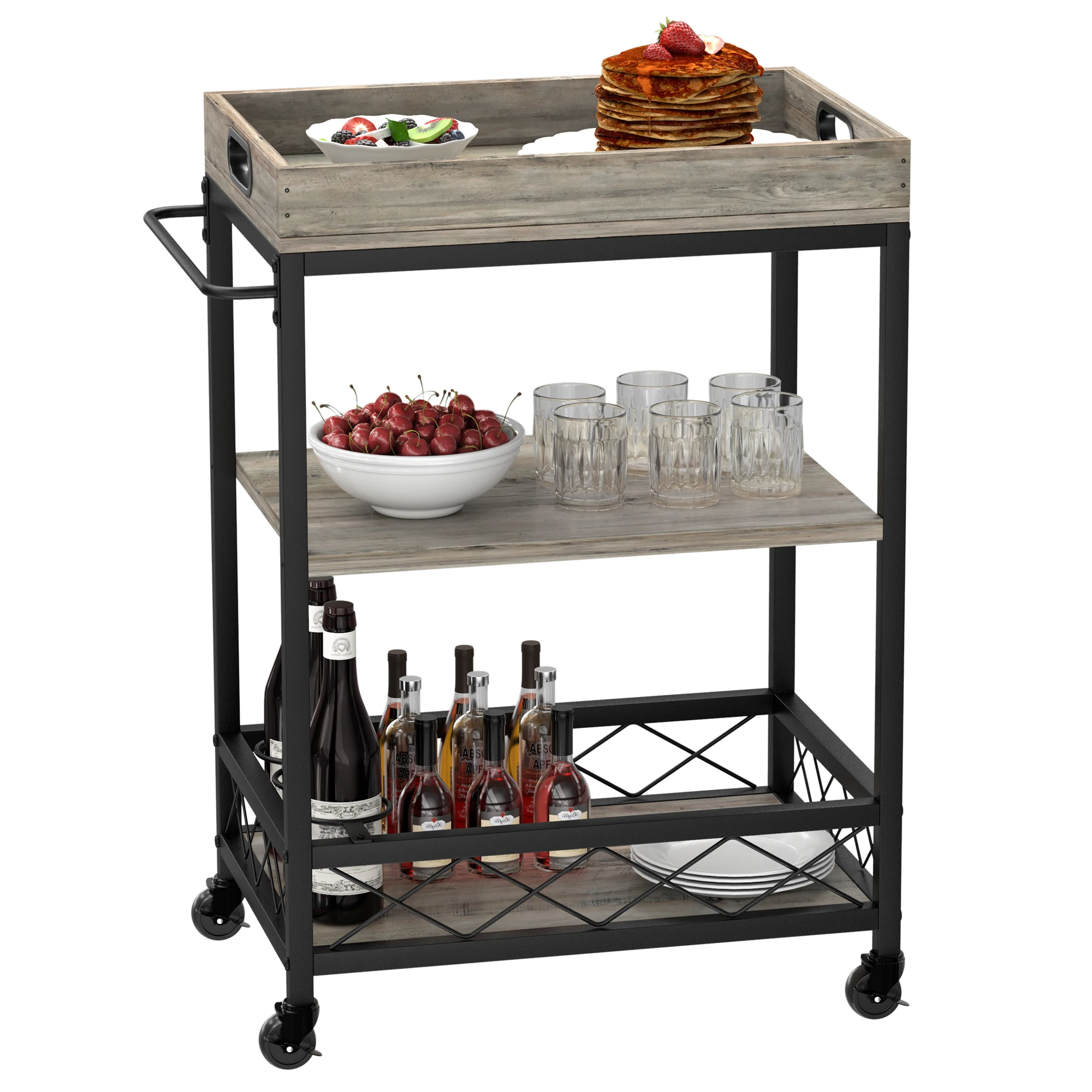 3 Tier Rolling Kitchen Cart Serving Trolley with Wine Rack Glasses Holder Portable Trays Industrial Style Storage Organizer