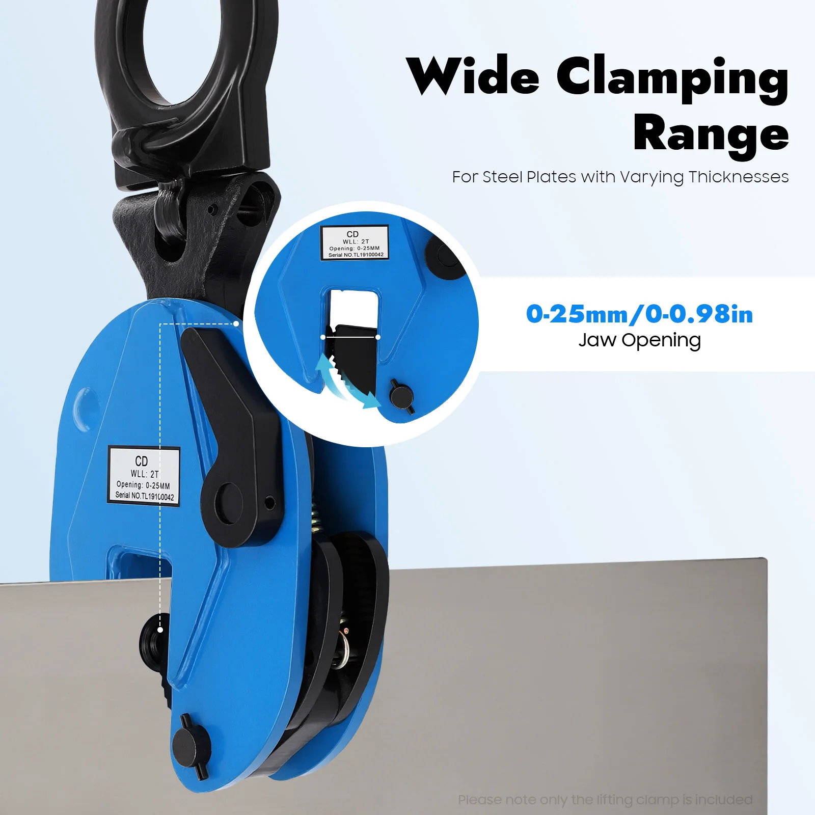 2T/4409.25lbs Vertical Plate Clamp Steel Plate Lifting Jaw Opening Up for Lifting and Transporting Grip Range 0-25mm/0-0.98in