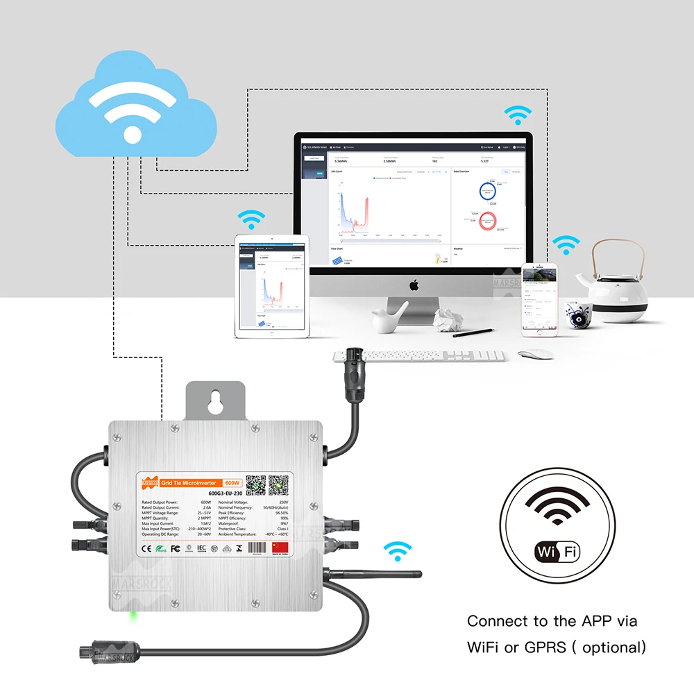 Deye 600W Inverter 20-60VDC To AC184-265V, Two MPPT IP67 Built-in WiFi ,Ship From EU Solar Grid On Inverter